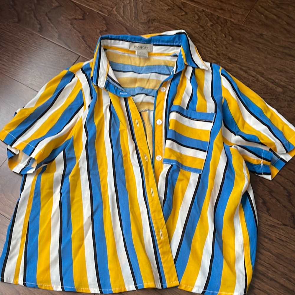 Brand: Passport; Button down shirts with stripes (white, yellow, blue and black)